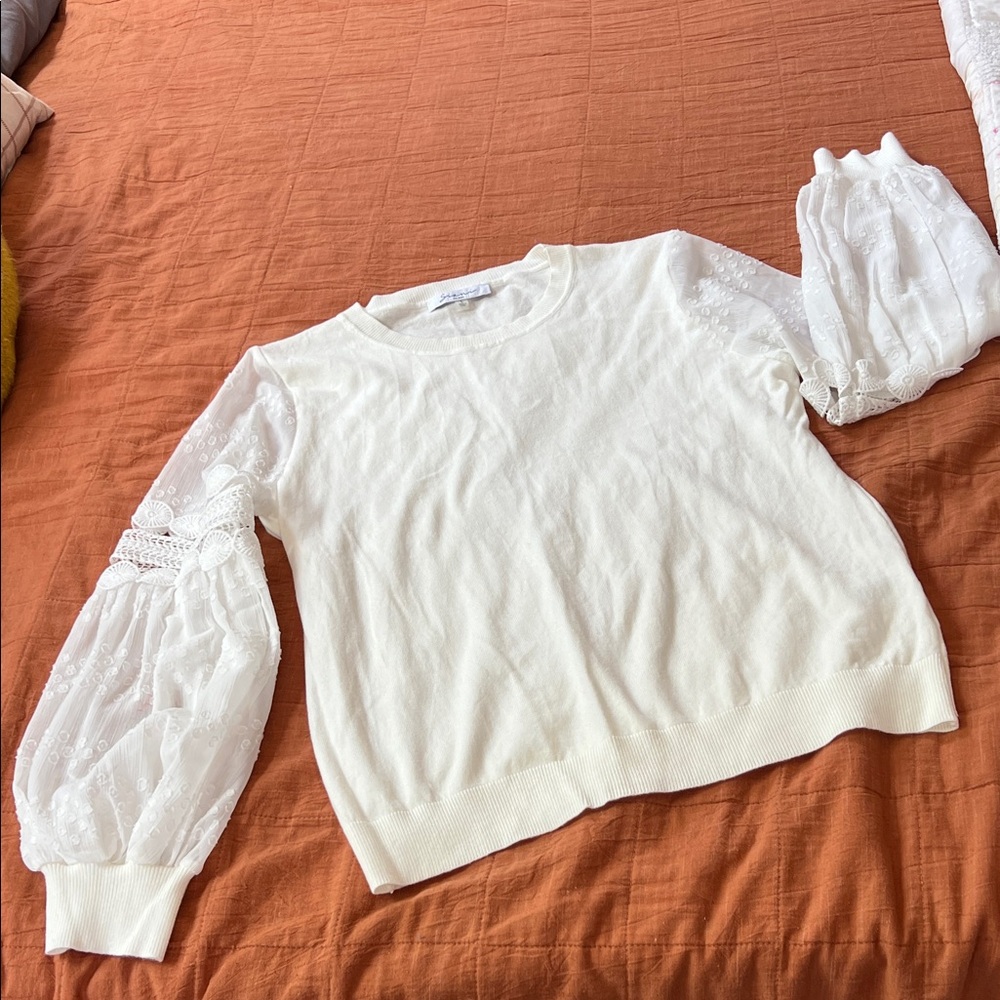 White Crewneck Sweater with Sheer Lace Puff Sleeves